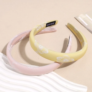Floral satin padded headbands set in pink and yellow with elegant hand-made embroidery detail