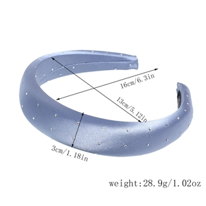 Detailed size chart showing grey satin headband dimensions of 16cm width and 3cm thickness