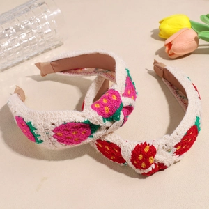 Knitted floral wide headband with 3D strawberry patterns in pink and red sweet style