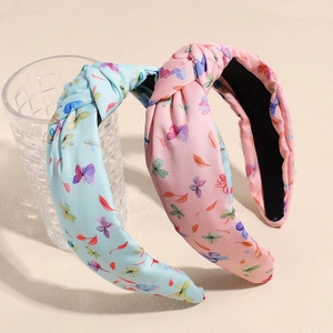Serre-tête rembourré à imprimé papillon avec nœud supérieur en bleu clair et rose