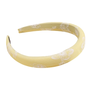 New Chinese style yellow satin headband with white floral embroidery and sponge padding