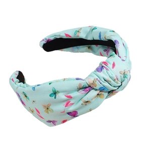 Serre-tête noué vert menthe pour filles avec motifs papillons et plumes roses