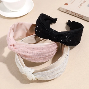 Elegant Rhinestone Lace Knotted Headband For Women Wide French Style Satin Hairband Sweet Hair Accessories For Daily Party