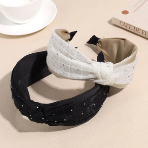 Elegant wide headband set with lace and sparkling crystals in black and cream white