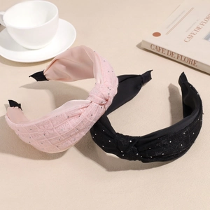 Elegant twisted wide headband with lace and shimmering rhinestones in pink and black
