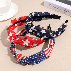 USA Independence Day Knotted Headband For Women Patriotic Stars Stripes Fabric Rhinestone Cross Knot Hair Band Festival Decoration