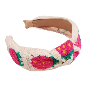 Knitted strawberry pattern wide headband with cream base and cute pink fruit details