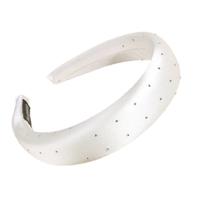 Handmade white satin padded headband with sparkling rhinestones for elegant women