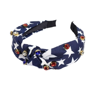 Independence Day headband with blue star fabric and red white blue rhinestones