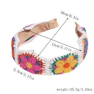 Detailed size measurement of handmade crochet floral headband with width and weight specs