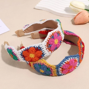 Bohemian crochet wide headband with colorful floral knit patterns and non-slip inner fabric