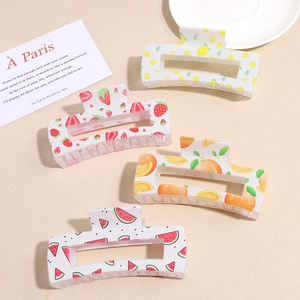 Set of 4 fruit print square hair claws featuring lemon, strawberry, and watermelon designs