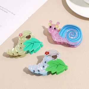 Cartoon caterpillar and snail hair clips with pearlescent finish for women