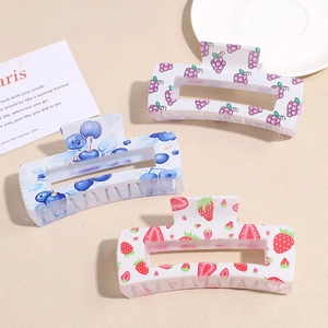 Minimalist square hair claw clips with cute fruit patterns like grape and strawberry