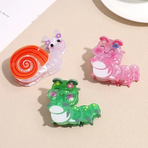 Cute cartoon snail and caterpillar hair claw clips set in pink, green and orange colors