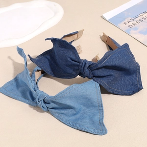 Vintage Breites Denim Schleife Stirnband Für Damen Handgefertigte Mode Stoff Haarreif Täglich Pendeln Stilvoller Kopfschmuck Blau