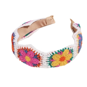 Bohemian handmade crochet knit floral headband with multicolor cotton thread and satin lining