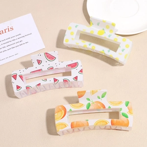 Three-piece square hair clips with fruit prints, large transparent matte shark clips set