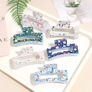 Korean Style Floral Printed Hair Claw For Women Rectangular Plastic Daisy Pattern Large Hair Clip Hair Accessories Gift