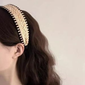 Bohemian wide knotted straw headband for women with natural beige weave and black stitching