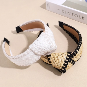 Bohemian style wide braided knot headband set in cream and straw colors for women