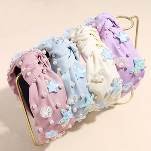 Women Fashion High Top Starfish Knotted Headband Wide Brim Artificial Pearl Inlaid Marine Style Hair Band Vacation Beach Accessory
