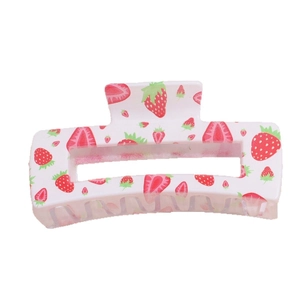 Minimalist square hair claw clip with red strawberry pattern on white acrylic background
