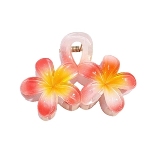 Pinza per capelli a forma di fiore plumeria sfumata rosa e gialla con molla dorata
