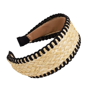 Bohemian wide straw headband with black braided edge detail in natural beige finish