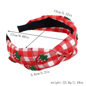 Detailed size chart of strawberry plaid headband showing dimensions and light weight