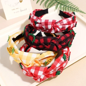 Korean Sweet Gingham Fabric Headband With Fruit Strawberry Cherry Embroidery Twist Knot Anti-Slip Hair Band For Women Girls
