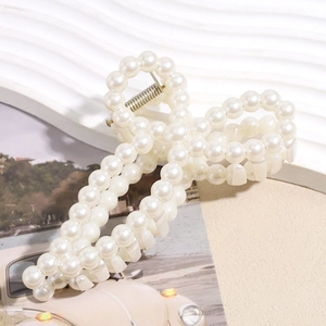 Pince à Cheveux Élégante Forme de Nœud en Künstliche Perles Blanches Grande Pince Crabe en Métal pour Cheveux Épais Femme Accessoire