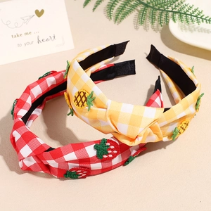Sweet fabric knotted headbands with red strawberry and yellow pineapple embroidery