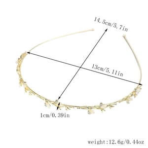 Detail showing dimensions of golden leaf headband with rhinestones and white pearls