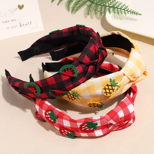 Three-piece knotted headbands set with fruit embroidery and stylish plaid patterns