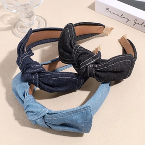 Vintage Denim Bow Headband Wide Brim Knotted Topstitched Hair Hoop Handmade Korean Style Hair Accessories For Women