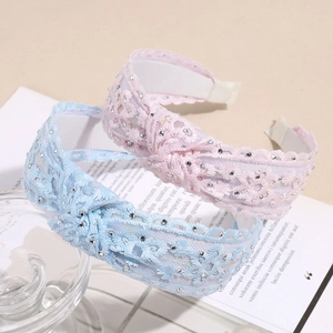Serre-tête élégant en dentelle bleu et rose avec strass brillants pour coiffure femme