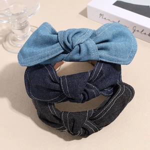 Three-piece denim knot headband set in light blue, dark blue and black with stitching
