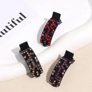 Three elegant rhinestone duckbill hair clips in red, champagne and purple colors