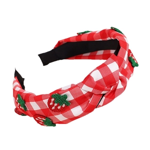 Sweet strawberry embroidery red and white gingham knotted headband for women