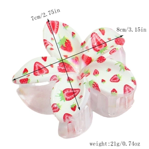 Detail view of 7cm floral acrylic claw clip with vibrant strawberry pattern and metal spring