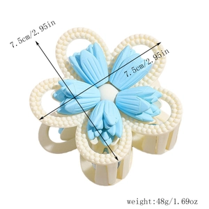 Detailed view of a matte floral hair claw clip measuring 7.5cm and weighing 48g in blue