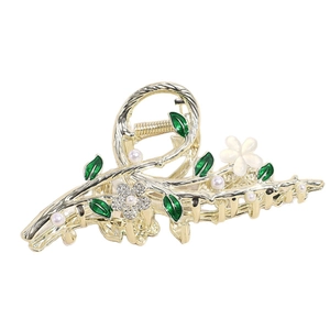 Pince à cheveux élégante en métal doré avec feuilles en émail vert et perles blanches