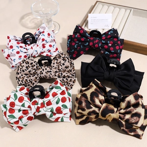 Large Fabric Bow Hair Claw Clip Leopard Print Cherry Pattern Vintage Ponytail Holder Bun Clip For Women Hair Accessories