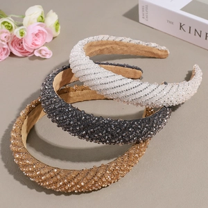 Serre-tête rembourré de luxe avec strass étincelants en beige, gris et doré champagne