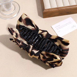 Large leopard print bow hair claw clip for women's high ponytail and bun styling