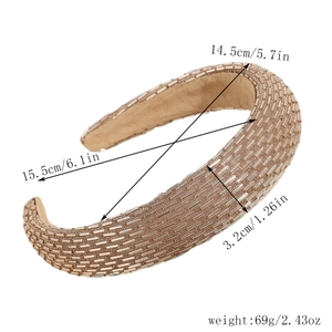 Detailed view of champagne gold beaded headband with soft velvet inner lining and dimensions