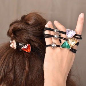 Elastic hair ties with large triangular multi-colored crystals and gold metal settings