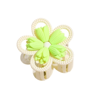 Matte flower hair claw clip with cream base and neon green petals in 3D design