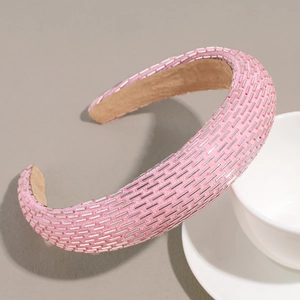 Detail of pink baroque headband with silver beads and non-slip inner velvet texture